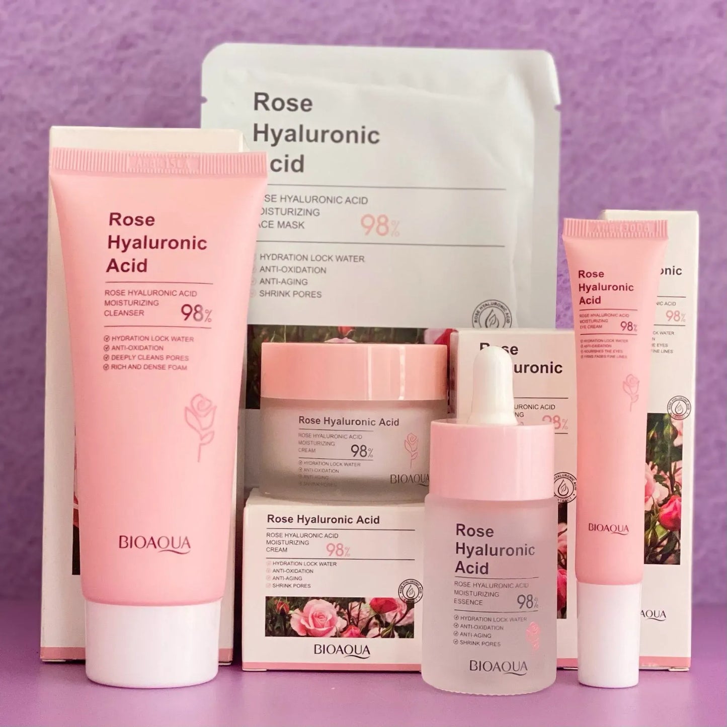 🌹 Kit x5 BIOAQUA Rosas + Ácido Hialurónico – Hidratación, Cuidado y Belleza Total